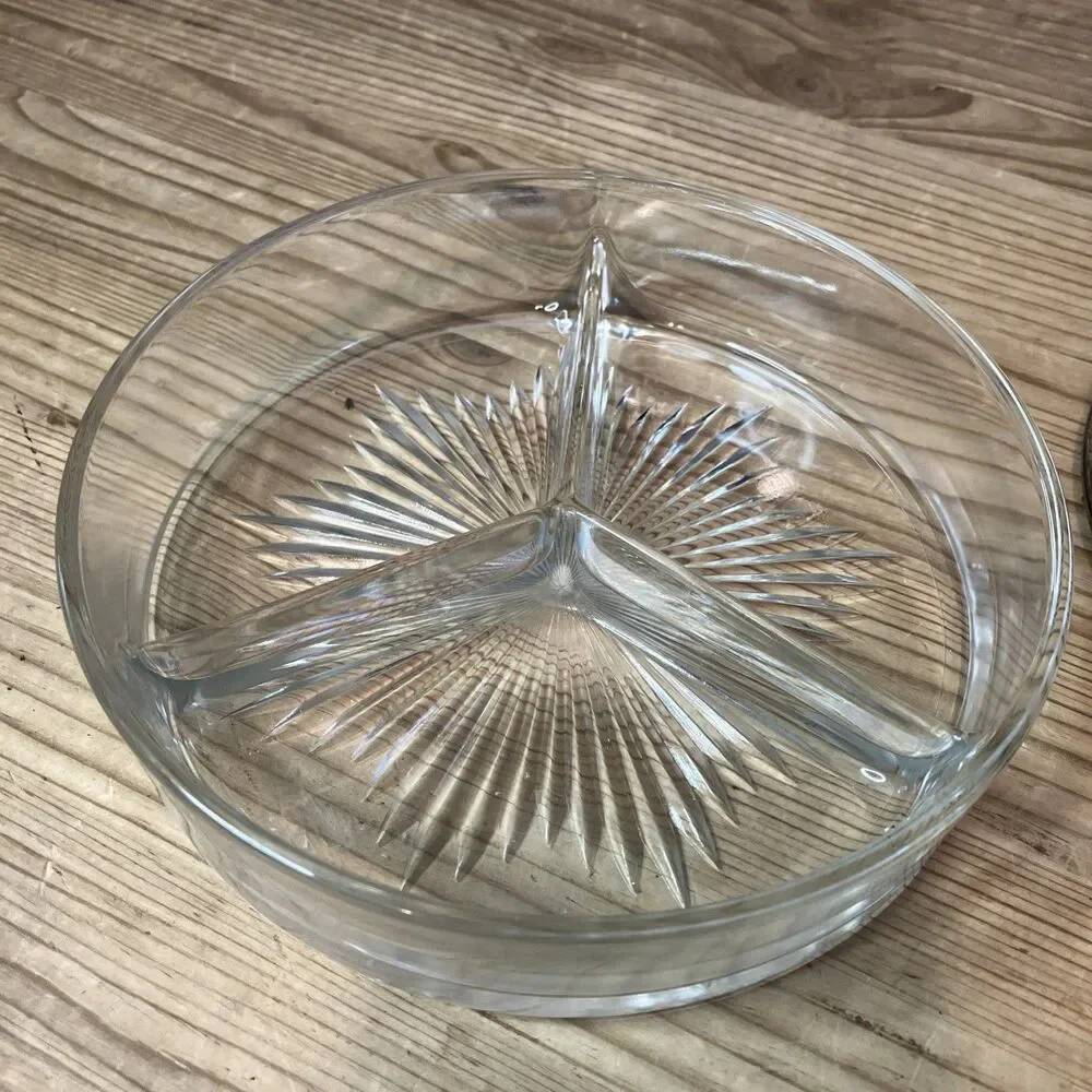 VINTAGE P.N.C.W USA DIVIDED BRASS GLASS INSERT CANDY DISH HOLLYWOOD REGENCY 1930